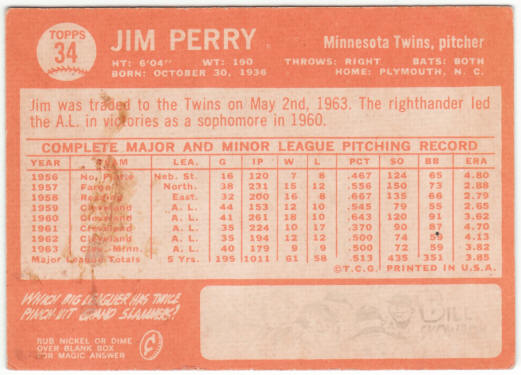 1964 Topps Baseball #34 Jim Perry