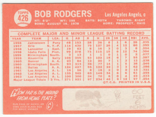 1964 Topps #426 Bob Rodgers back