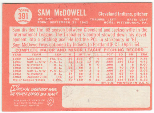 1964 Topps #391 Sam McDowell back