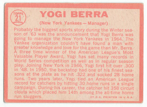 1964 Topps Baseball Yogi Berra Manager #21 back
