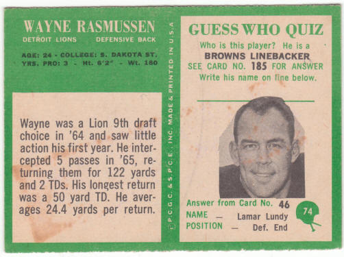 1966 Philadelphia Gum Football #74 Wayne Rasmussen Rookie Card