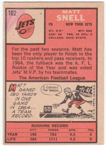 1966 Topps #102 Matt Snell card back