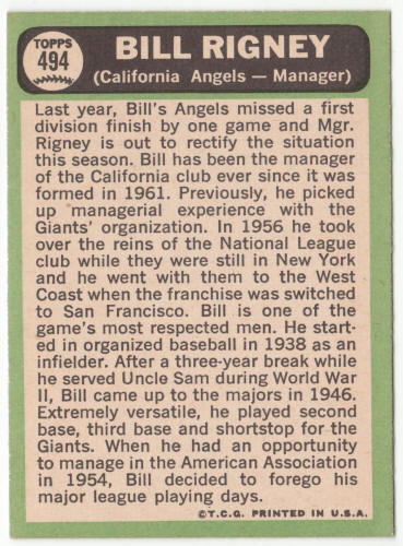 1967 Topps #494 Bill Rigney back