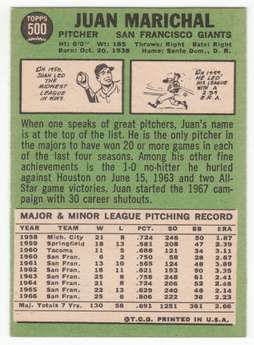 1967 Topps Juan Marichal #500 back