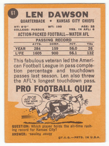 1967 Topps Len Dawson #61 back