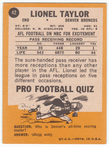 1967 Topps Lionel Taylor #42 back