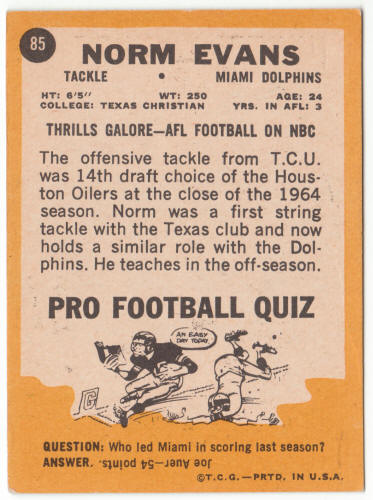 1967 Topps #85 Norm Evans back