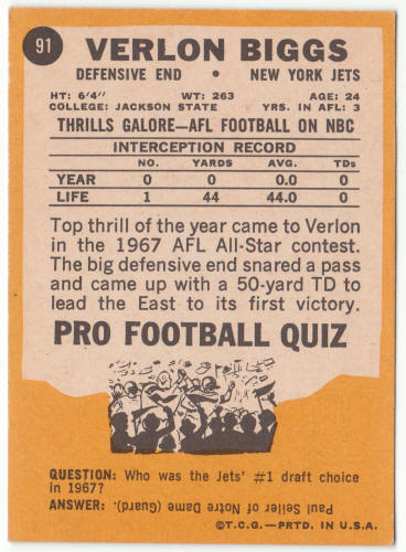 1967 Topps #91 Verlon Biggs back