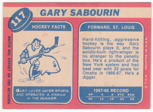 1968-69 Topps Hockey #117 Gary Sabourin Rookie Card