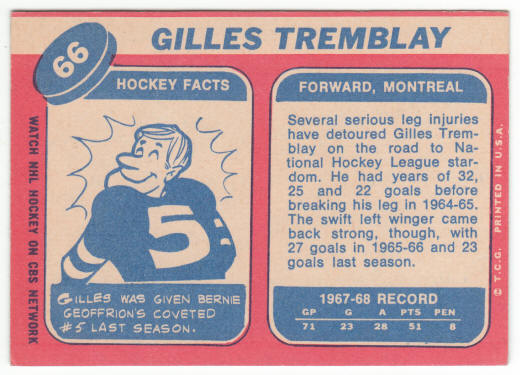1968-69 Topps Hockey #66 Gilles Tremblay