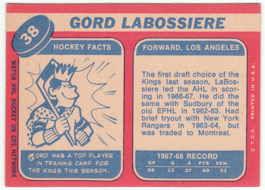 1968-69 Topps Hockey #38 Gordon Labossiere Rookie Card