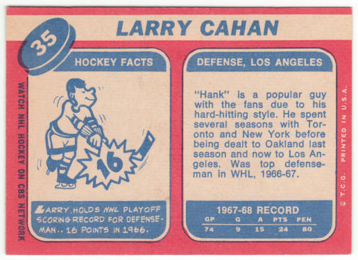 1968-69 Topps Hockey #35 Larry Cahan back