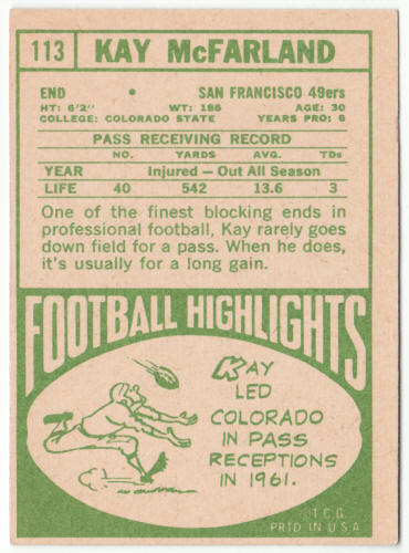 1968 Topps Football #113 Kay McFarland Rookie Card