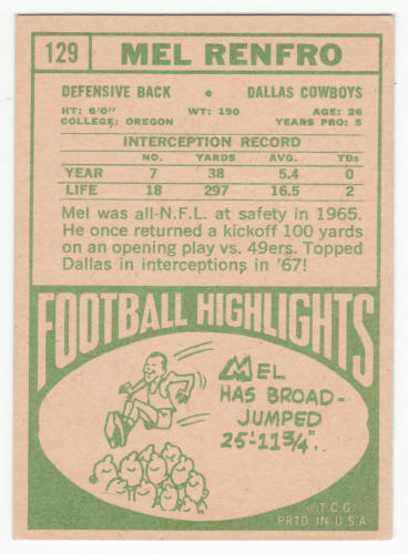 1968 Topps 129 Mel Renfro Football Card back