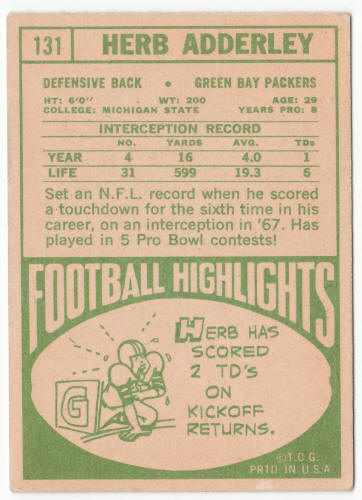 1968 Topps Football #131 Herb Adderley back