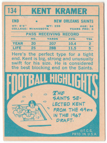 1968 Topps Football #134 Kent Kramer Rookie Card