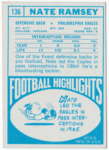 1968 Topps Football #136 Nate Ramsey