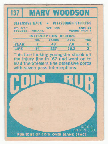 1968 Topps Marv Woodson #137 Rookie Card back