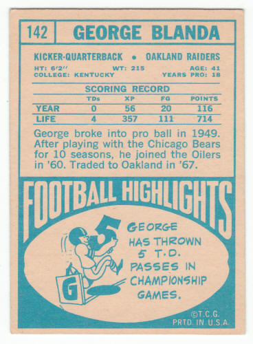 1968 Topps George Blanda #142 Card back