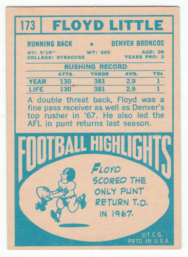 1968 Topps Football Floyd Little #173 Rookie Card back