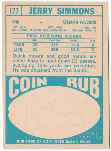 1968 Topps Football #177 Jerry Simmons Rookie Card