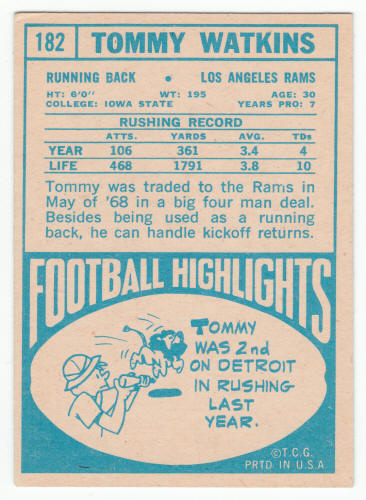 1968 Topps Tommy Watkins #182 back