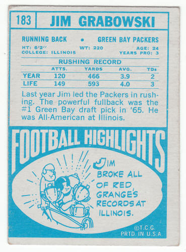 1968 Topps Football #183 Jim Grabowski Rookie Card