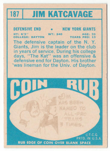 1968 Topps Football #187 Jim Katcavage back