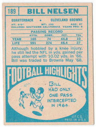 1968 Topps Football #189 Bill Nelsen back