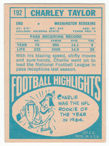 1968 Topps Charley Taylor #192 back