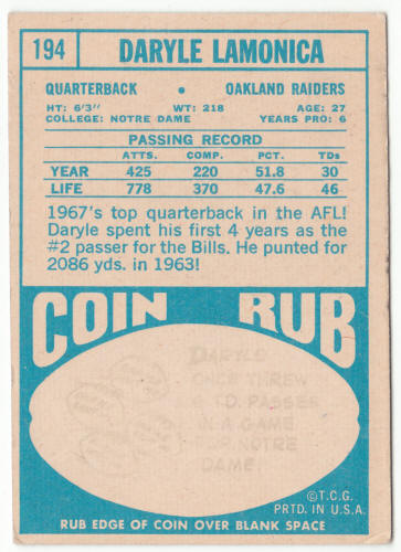 1968 Topps #194 Daryle Lamonica back