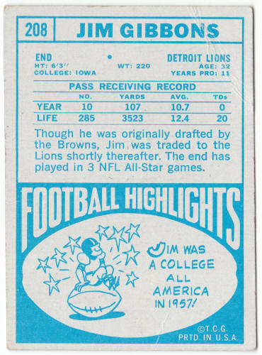 1968 Topps Football #208 Jim Gibbons