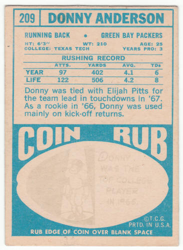 1968 Topps Football 209 Donny Anderson Rookie Card back