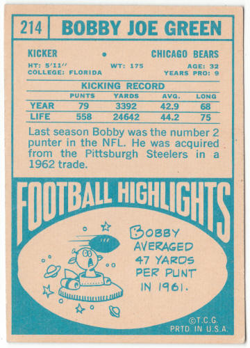 1968 Topps Football #214 Bobby Joe Green