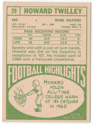 1968 Topps Football #39 Howard Twilley Rookie Card back