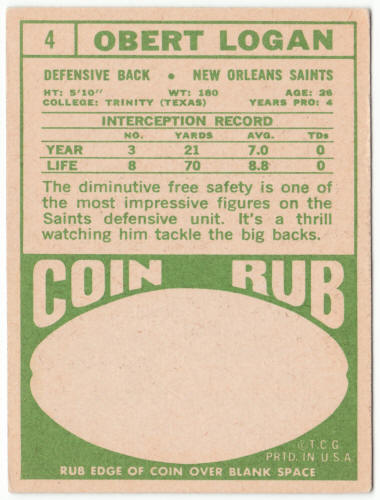 1968 Topps Football #4 Obert Logan