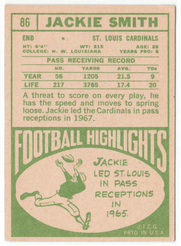 1968 Topps Football 86 Jackie Smith back