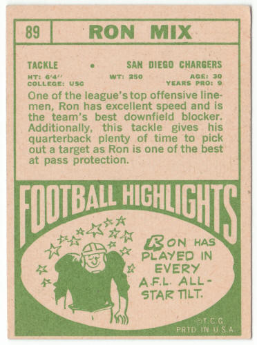 1968 Topps Football 89 Ron Mix back
