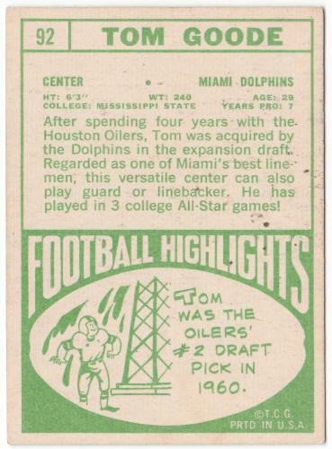 1968 Topps Football #92 Tom Goode