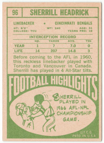 1968 Topps Football #96 Sherrill Headrick
