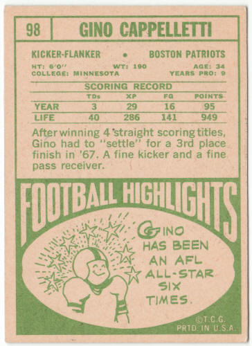 1968 Topps Football #98 Gino Cappelletti
