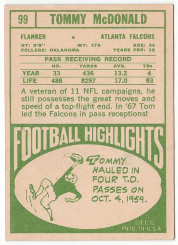 1968 Topps Football 99 Tommy McDonald back