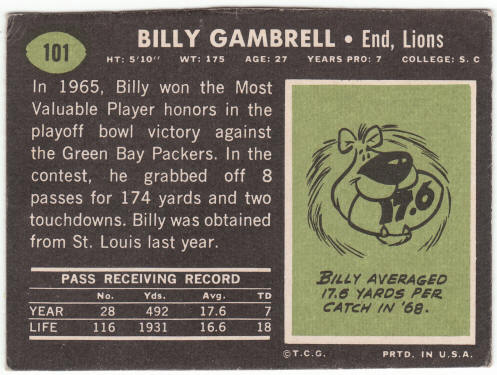 1969 Topps Football #101 Billy Gambrell Rookie Card