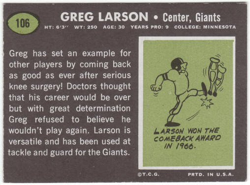1969 Topps Football #106 Greg Larson