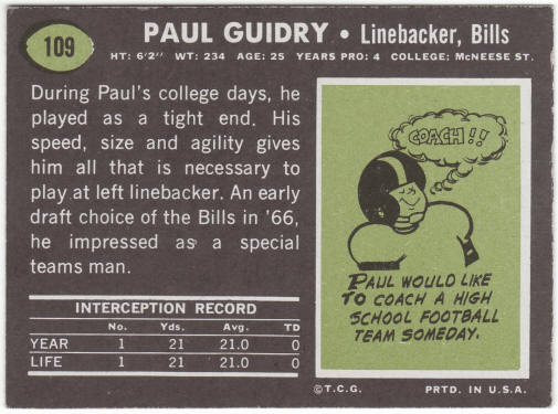 1969 Topps Football #109 Paul Guidry Rookie Card