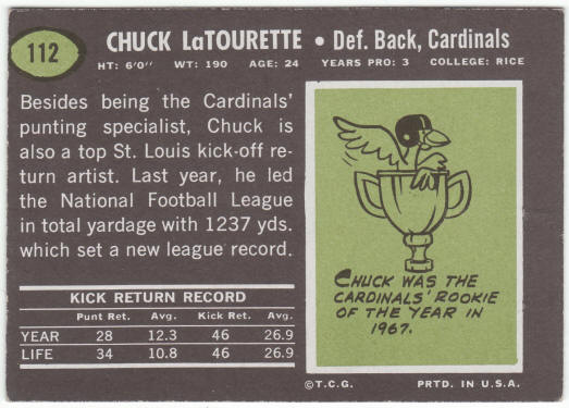 1969 Topps Football #112 Chuck Latourette Rookie Card