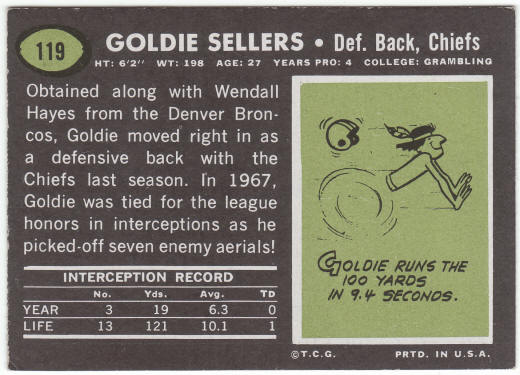 1969 Topps Football #119 Goldie Sellers Rookie Card