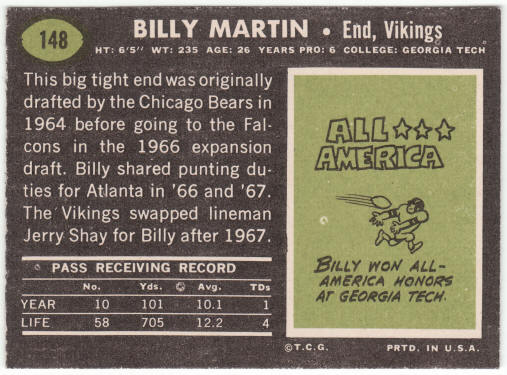 1969 Topps Football #148 Billy Martin