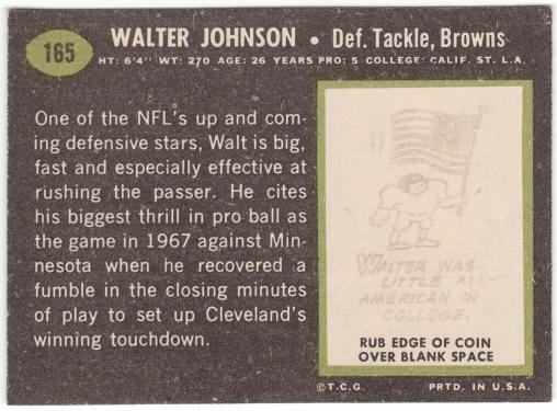1969 Topps Football #165 Walter Johnson Rookie Card