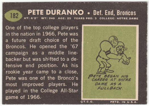 1969 Topps Football #182 Pete Duranko Rookie Card